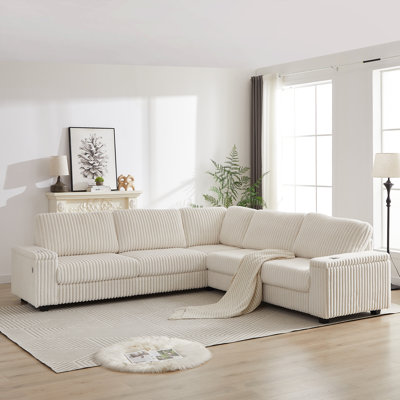  110" Modern Corduroy L-Shaped Corner Sofa, Deep Seat Couch with Storage, USB & Type-C Charging Ports, Cup Holder, Beige