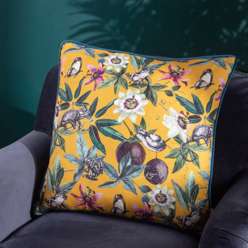 Floral Square Scatter Cushion with Filling, Yellow