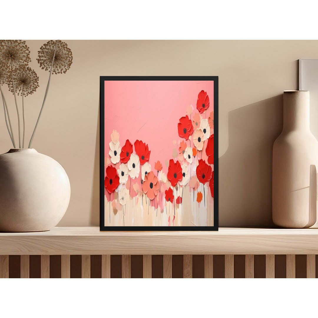 Red Cream Flowers On Salmon Background Wall Decor Framed Poster