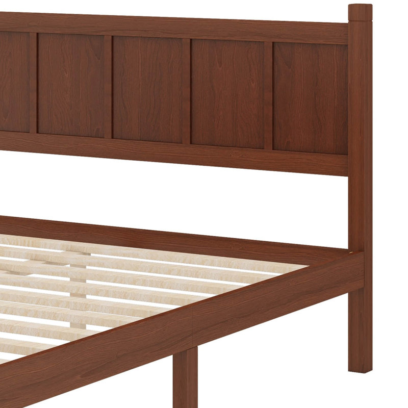 Base de lit en bois avec finition grain de bois, lit plateforme avec tête de lit et support à lattes de bois, Grand lit