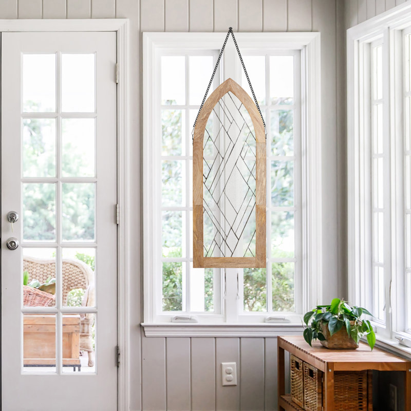 36"H Cathedral Geometric Clear Glass Window Panel In Mango Wood Frame