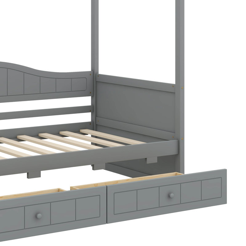 Lit à baldaquin simple avec deux tiroirs, structure de lit plateforme en bois, Gris