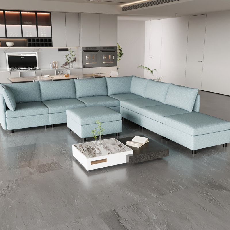 Modulaire avec canapé-lit et rangement, chenille bleu antique, 8, profondeur de 129 po, largeur de 124 po, hauteur de 32 po. 124 po Largeur, 32 po Hauteur