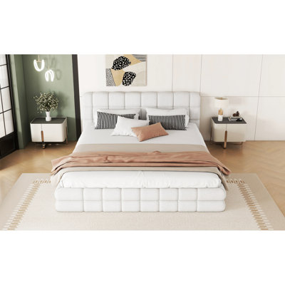 Grand lit plateforme tapissier - blanc, design élégant avec matériaux, sans sommier, poids de 112 lb, lit blanc de 81 po de longueur, structure en bois de pin +, L 87,8 po x l 66 po x H 66,5 po