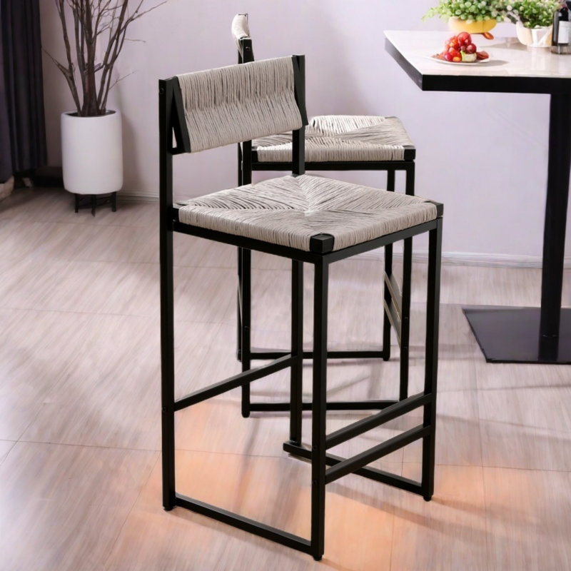 Sansoucy Of 2 Bar Stools Paper Rope Weave Dining Chairs And Metal Frame, Gray