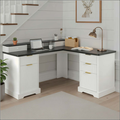 Modern Fluted L-Shaped Desk With Charging Station & Storage Cabinet - Home Office Computer Desk With Monitor Stand, File Drawer And Removable Support Shelf For Study, Home Office