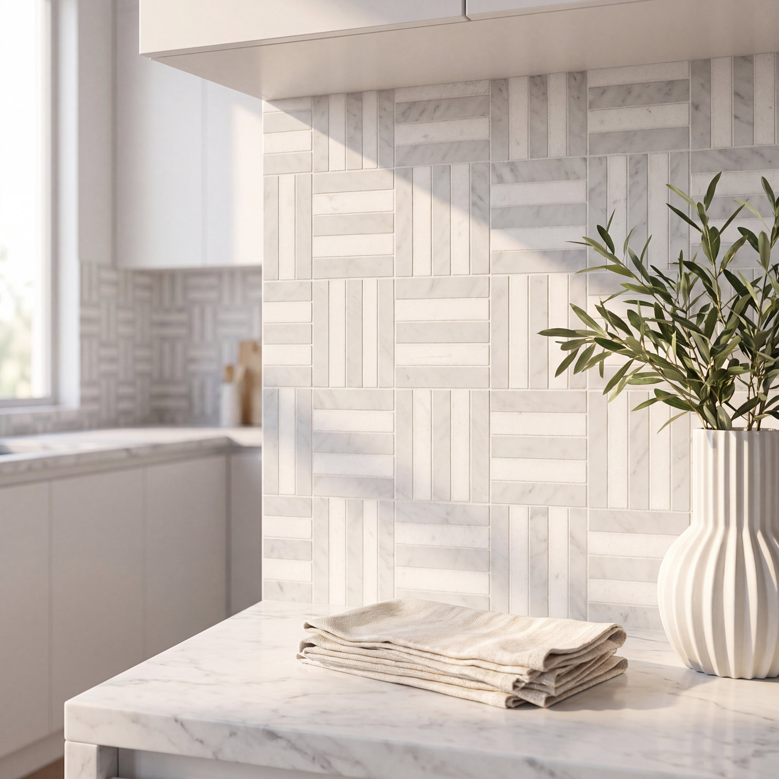 Matisse 12" x 12" Marble Tile, White Carrara/Thassos