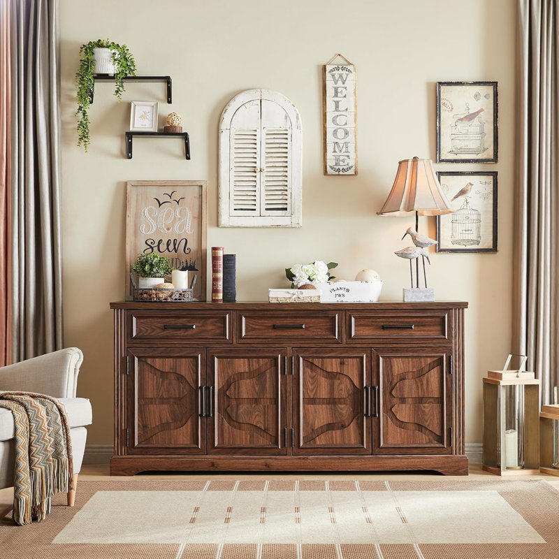Nayda 66" Wide 3 Drawer Sideboard Buffet, Farmhouse 4 Doors Credenza Storage Cabinets with Adjustable Shelves, Brown