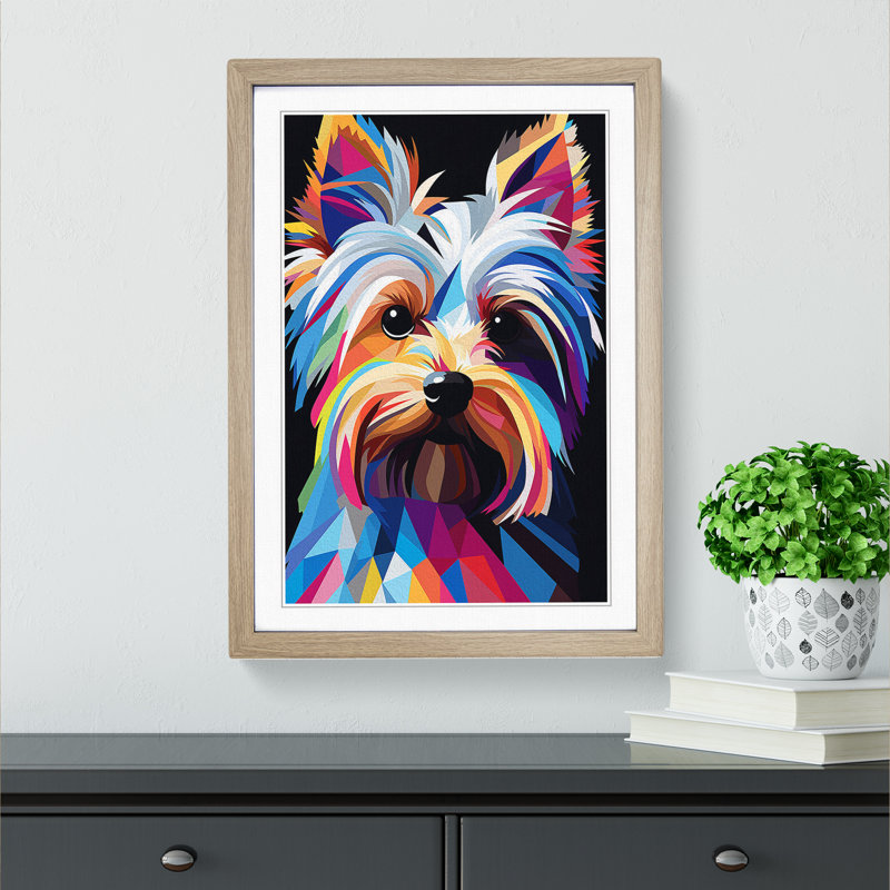 XYZ-FRM-V1223-1716 Yorkshire Terrier Constructivism No.2 1 Piece Single Picture Frame Wall Art, 46cm H x 34cm W x 2cm D, Oak