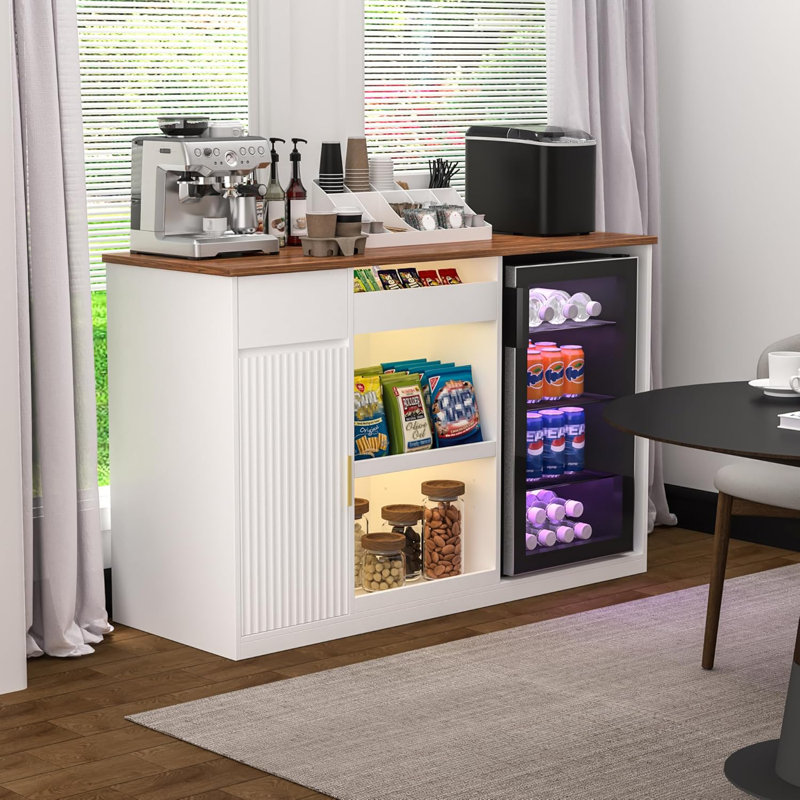 Snack Bar Cabinet with Fridge Space, Snack Organizer with Storage and Candy Display Shelf, Coffee Station for Home Theater or Game Room, 51.2" L, White