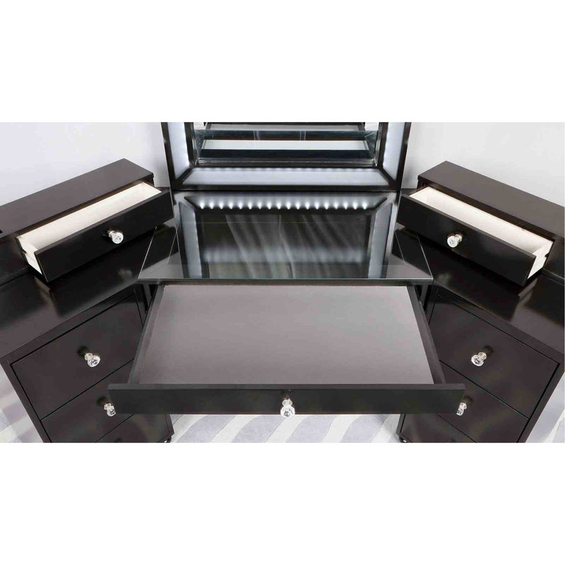 Glam Style 1pc Vanity w/ Stool Set 8mm Glass Top Storage Drawers LED On Mirror Obsidian Gray Finish Bedroom Furniture