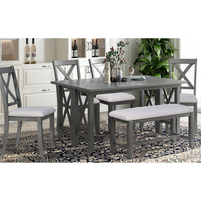Table de salle à manger pliable en bois massif 6 de couleur grise, table, 4 chaises, banc, espace pour 6 culinaires Delight 6, bois gris, chaises et espace spacieux
