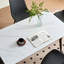 Table de salle à manger moderne rectangulaire de 1,4 m avec base en métal unique pour la cuisine et les autres pièces, plateau de table en céramique frittée blanche, coin chauffant, rayé et arrondi, pieds en or noir, look minimaliste, rapide-1064064649