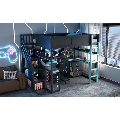Lit mezzanine en bois compact avec rangement, design moderne noir et bleu