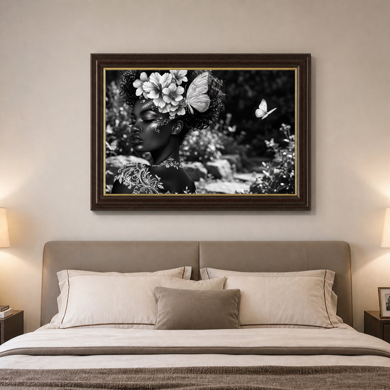Art mural sur toile noir et blanc avec hibiscus et papillons, H 16 po x l 24 po
