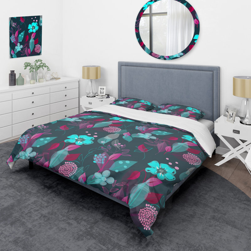 Blue And Pink Flowers Polyester Floral Duvet Cover, King Duvet Cover + 2 King Shams