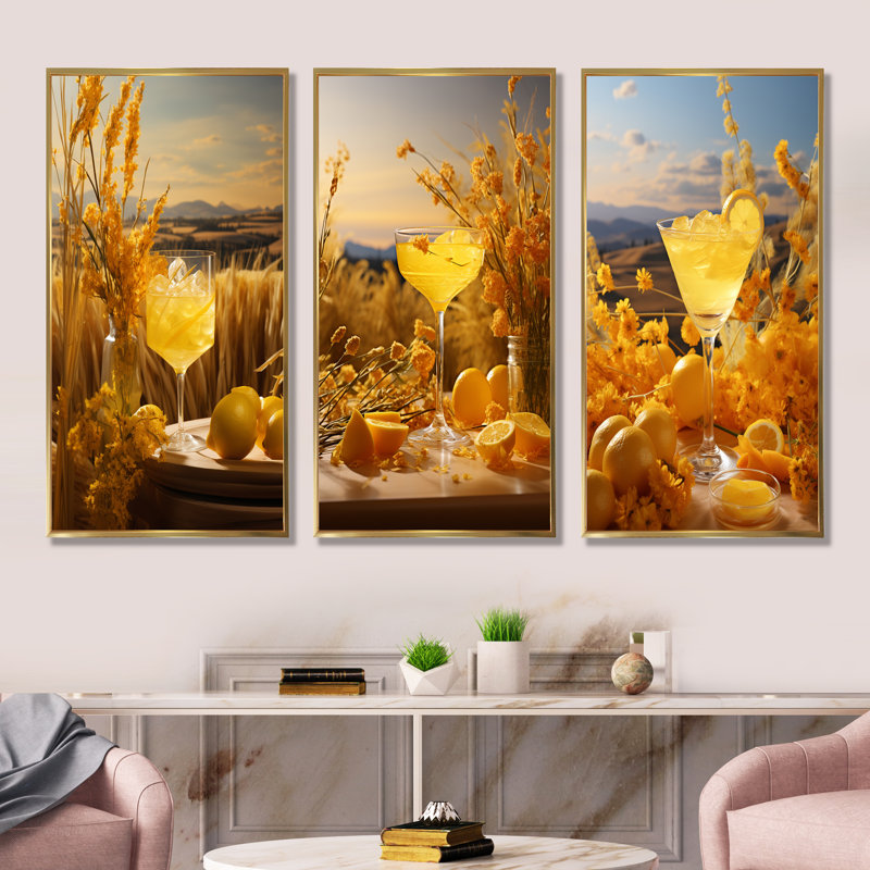 Ensemble de 3 pièces d'art mural - Harmonie cocktail Mimosa Meadows, Cadre flottant doré, H 28 po x l 36 po
