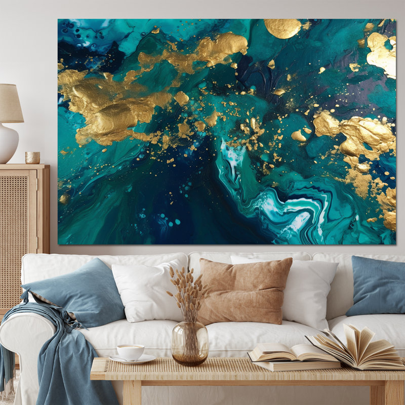 Sarcelle et or liquide Magic II - abstrait, reproduction d'art sur toile