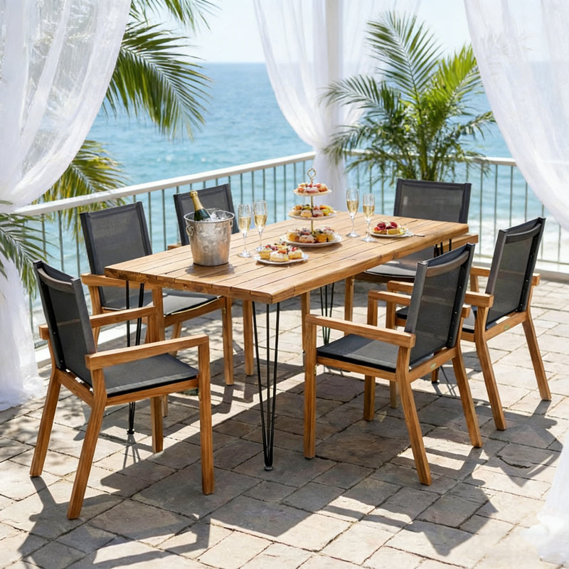 Ensemble de salle à manger 7 pièces en bois d'acacia avec 6 chaises ergonomiques et une grande table pour le jardin, la terrasse ou la piscine.