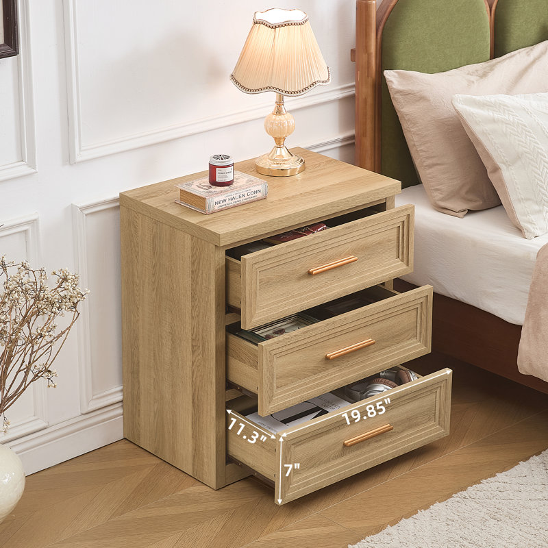 Table de chevet avec table de chevet cannelée en bois à 3 tiroirs 26 po, Chêne
