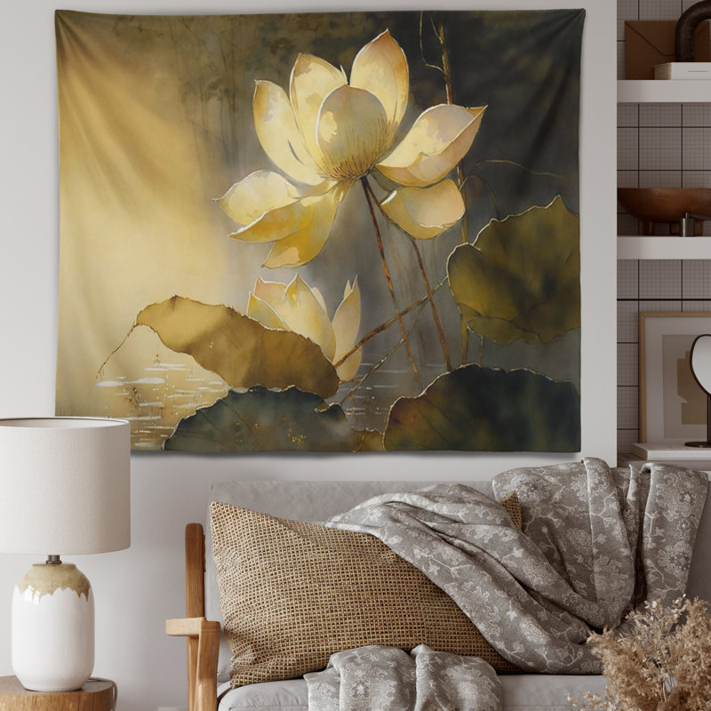 Tapisserie en polyester rétro «Lotus in the Pond III» en polyester, H 50 po x l 60 po