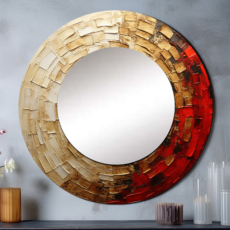 Semaya or rouge minimalisme spirales poteries - grand miroir spirales abstraites, miroir mural rond rond doré, art imprimé en métal