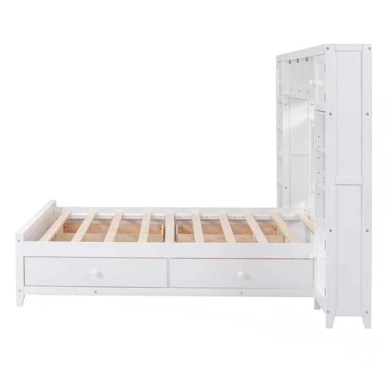 Lit en bois avec armoire et tablette tout-en-un, Lit double, Blanc