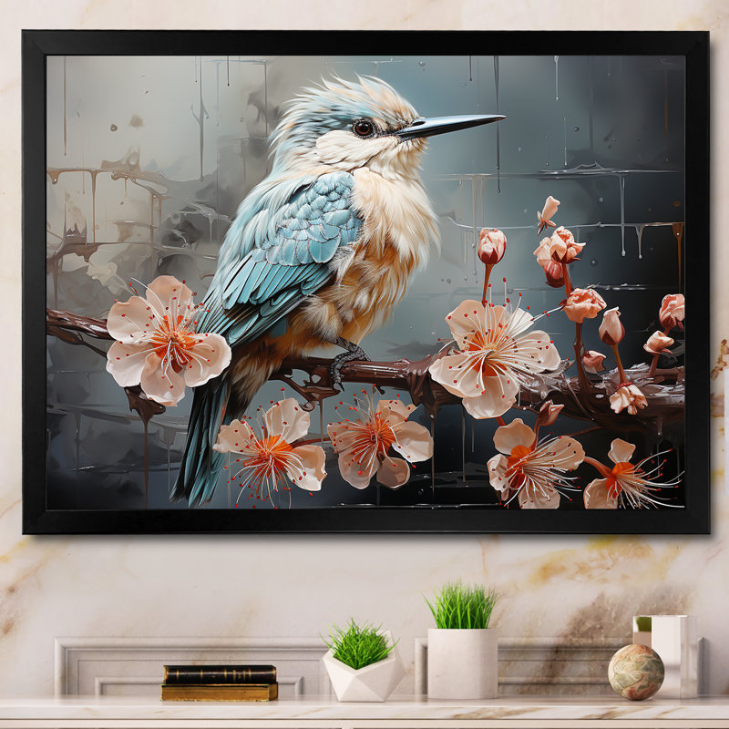 «Blue Floral Dancing Hummingbird - Hummingbird Animal», art mural, Cadre d'angle fermé noir, H 16 po x l 32 po x P 1 po