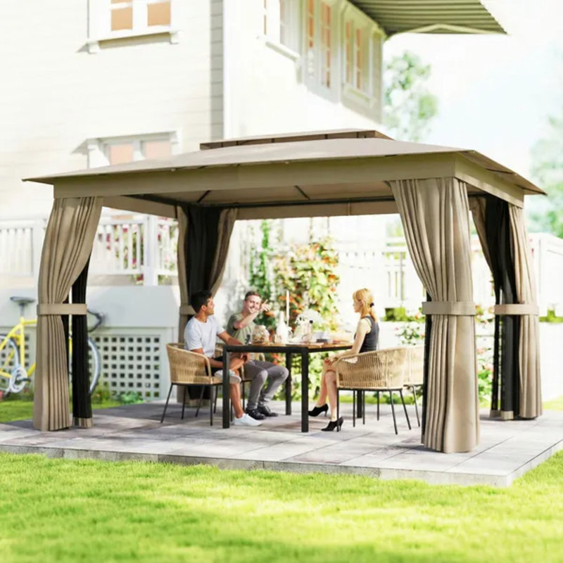 Pavillon de jardin extérieur 10 pi x 12 pi, abri à toit souple avec rideaux, filet en maille, structure en acier et crochets de plafond