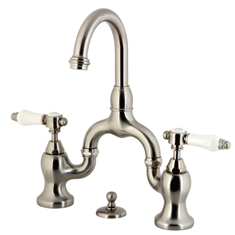 Kingston Brass Bel-Air Two-Handle 3-Hole Deck Mount Bridge Bathroom Faucet with Brass Pop-Up, Brushed Nickel