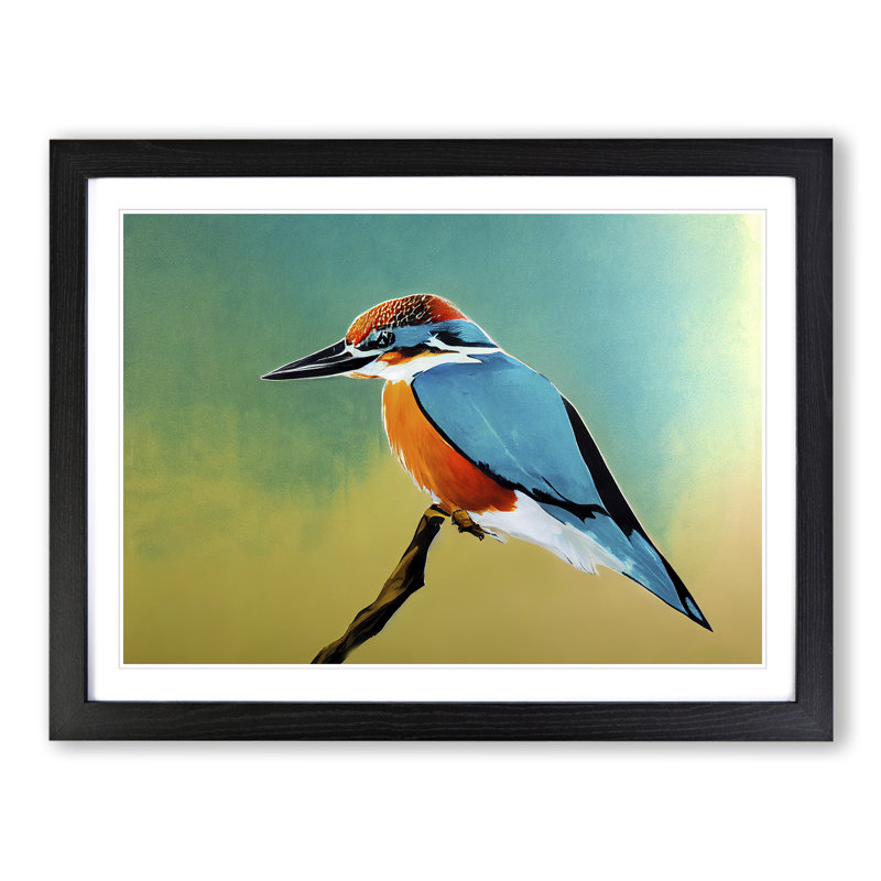 Delightful Kingfisher Bird - Single Picture Frame Painting, 25cm H x 34cm W x 2cm D, Black