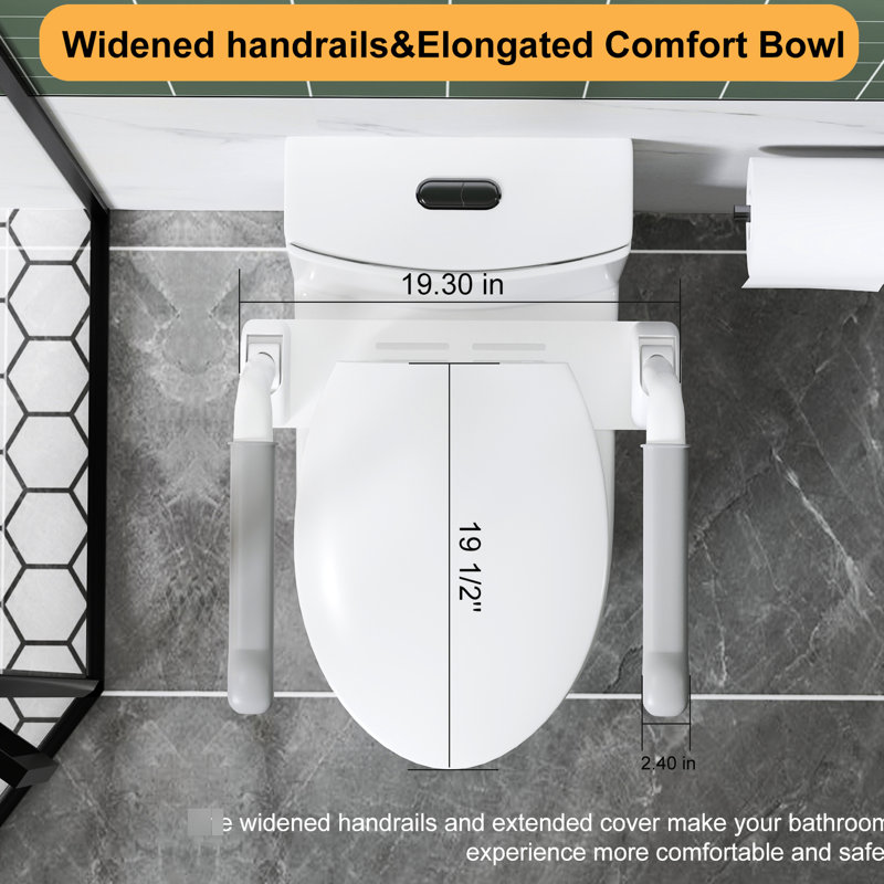 Une toilette blanche brillante avec accoudoirs améliorés, chasse d'eau tornade 1,1 / 1,6, siège à fermeture douce Siphonic 12 po, carte à double chasse 1000G, siège de fauteuil confortable de 17 po pour la salle de bain