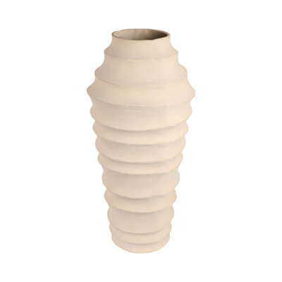 Decorative Textured Ribbed Table Vase with Chiseled Design for Home Decor - Sculptural Tall Flower Vase for Shelf or Kitchen Accent - Ivory and Tan