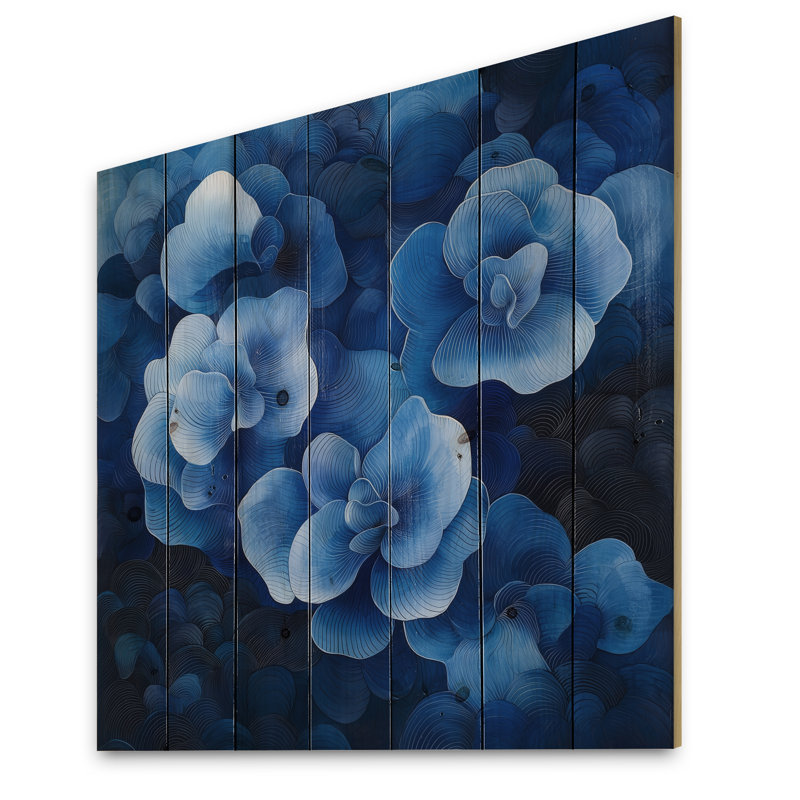 Hydrangées bleues et blanches, hortensias Soundwave - décoration murale en bois d'hortensias - sur bois de pin naturel