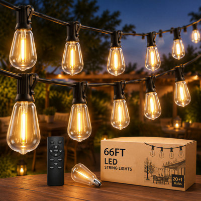 ST38 Solar String Lights Outdoor, 66ft 20 LED Shatterproof Bulbs with 1 Spare, Waterproof Patio Hanging Lights with Remote, Timer & 3 Modes Dimmable, for Yard, Garden, Porch
