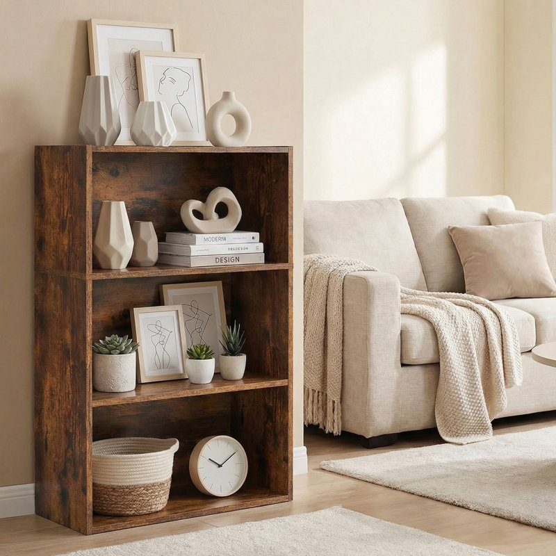Adjustable Wooden Standard 3-Tier Bookcase, Rustic Brown, (3 Shelves) 32"H x 23.8"W x 9.2"D