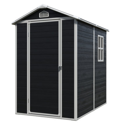Remise de rangement pour l'extérieur en plastique noir 4 pi x 6 pi avec plancher, métal renforcé, bouches d'aération, fenêtre latérale, porte verrouillable pour ranger les outils de jardinage, conception renforcée, équipement de pelouse