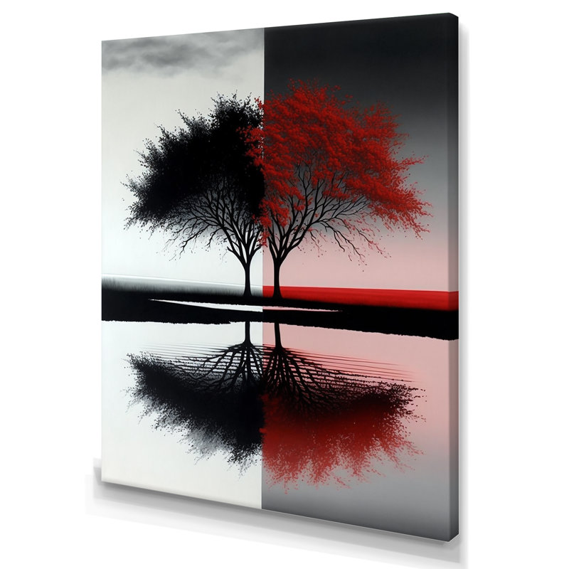 Arbres abstraits rouges et noirs au bord du lac - forêt, art mural, H 40 po x l 30 po x P 1,5 po, Toile tendue