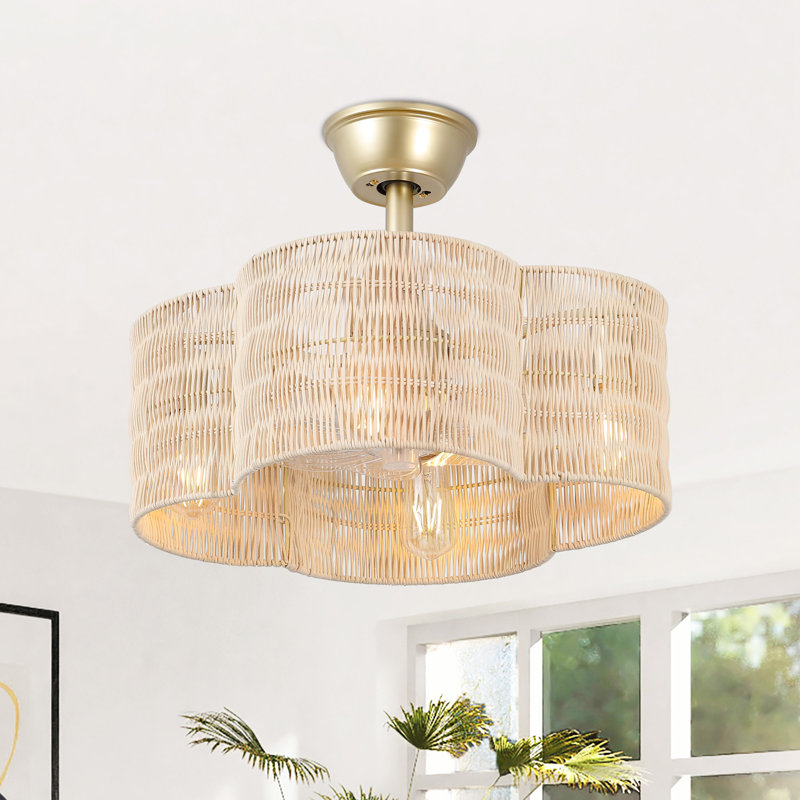19.7" Scalloped Rattan Ceiling Fan with Remote and Light, Beige