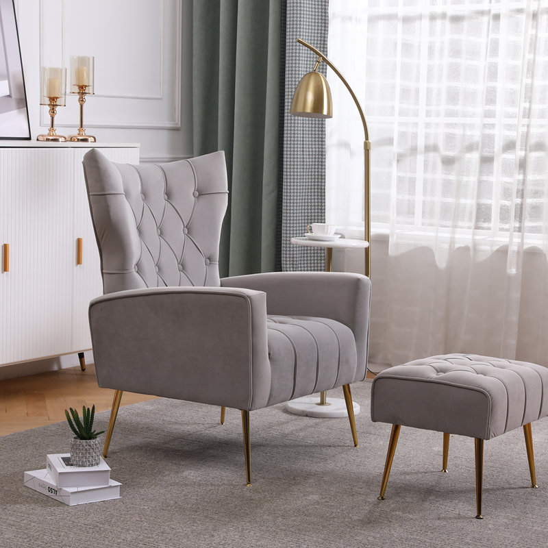 Chaise d'appoint rembourrée avec coussins capitonnés et repose-pieds gris, Gris