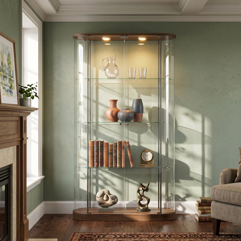 Vitrine vitrée incurvée à 360° de 70,9 pouces de hauteur, avec 3 tablettes en verre, éclairage DEL à couleurs changeantes et télécommande.
