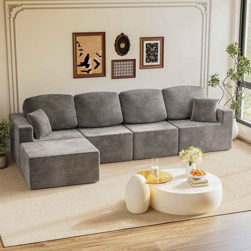 Boneless L-Shaped Modular Sectional Couch, Cloud U-Shaped Sectional Sofa with Wide Armrest, Gray Corduroy