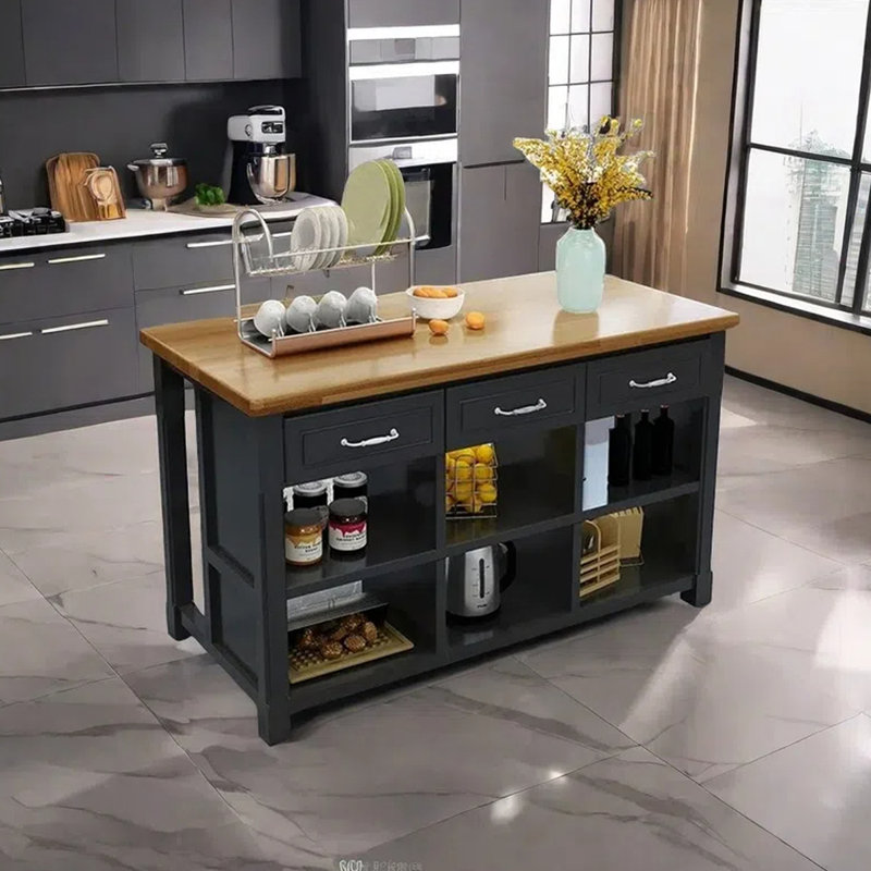 62.99" Solid Wood Kitchen Island, Black