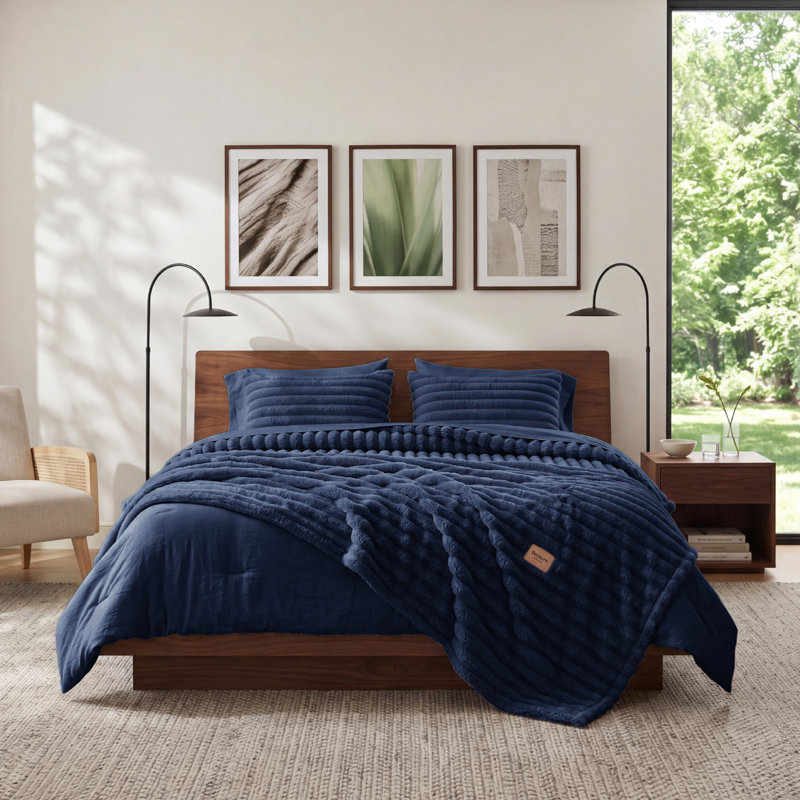 Bedsure Full 2-in-1 Comforter Set with Detachable Fluffy Blanket – Pageant Blue SnapTech Design Bed-in-a-bag, All-Season Bedding Set(Set of 6) for Dorm Room