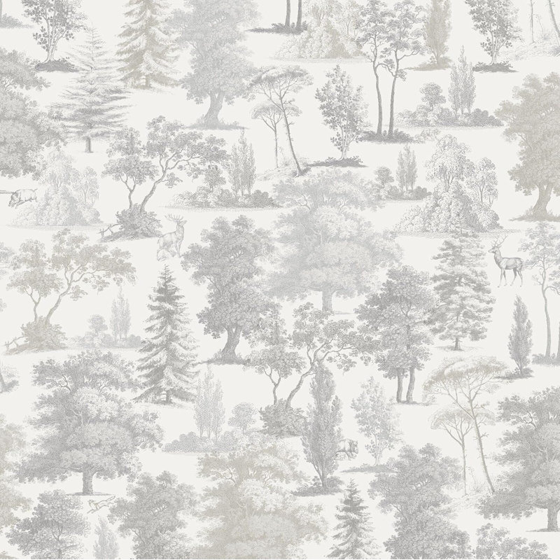 Lenroy Oakley Beige Woodland Taupe Trees Forest Countryside Animals Solid Paper Wallpaper 10m x 53cm Matte Roll