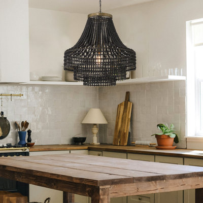 Metal Rattan and Wood Bead Chandelier