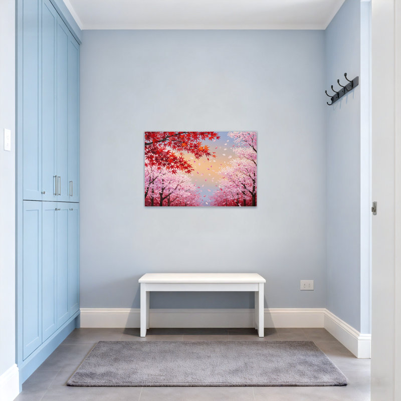 Landscape & Nature Cherry Blossoms And Red Maple Leaves, 12" H x 18" W