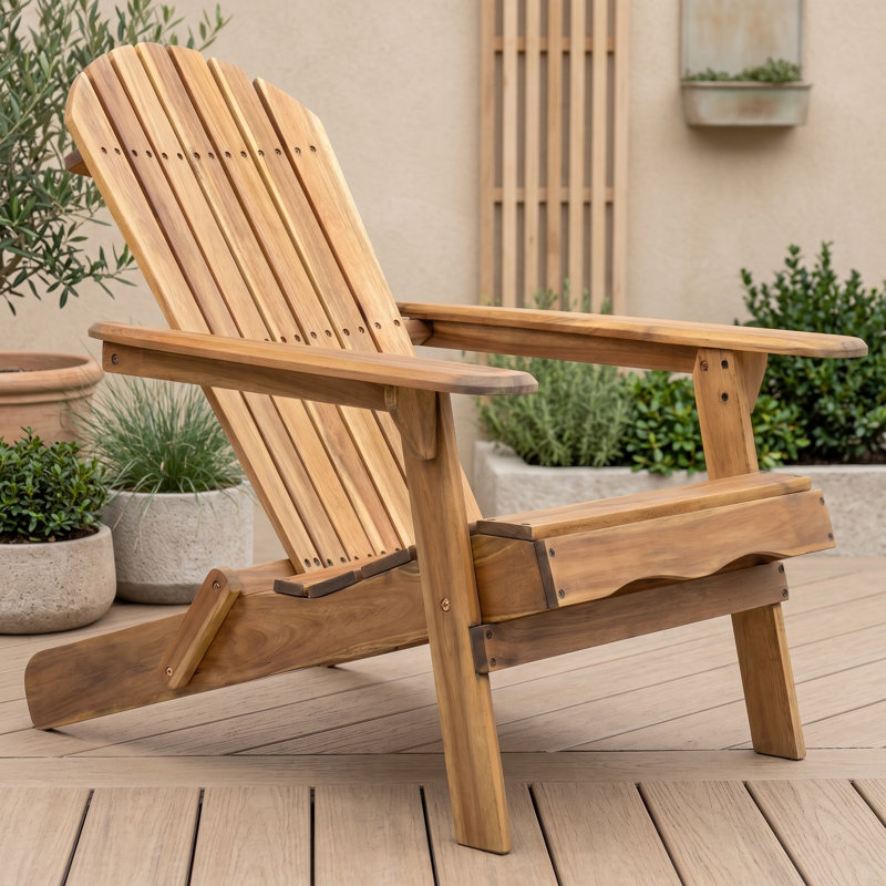 Chaise de patio pliante en bois d'acacia avec dossier à lattes, accoudoirs larges, structure en bois franc résistant à l'eau