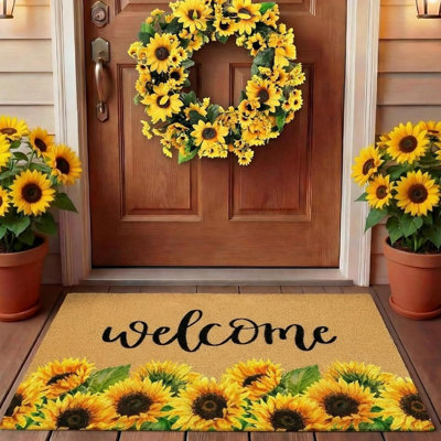 2-piece Sunflower Doormat And Wreath Set – Natural Coir Welcome Mat For Front Door, Entryway & Porch