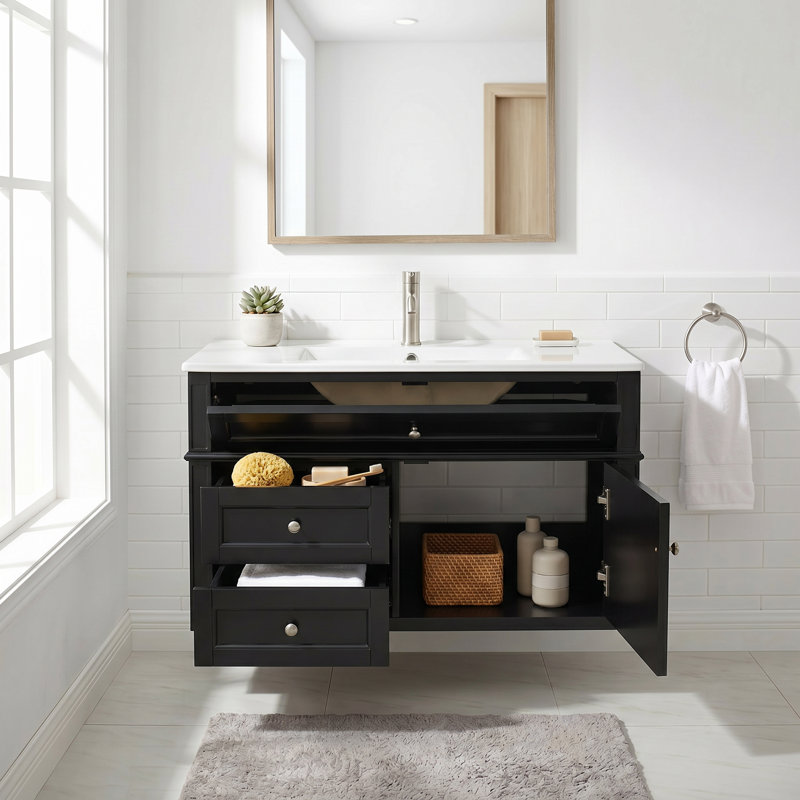 Meuble-lavabo mural en bois aggloméré 36 po à fermeture en douceur intégré avec tiroirs et lavabo simple en céramique à 3 trous 36 po